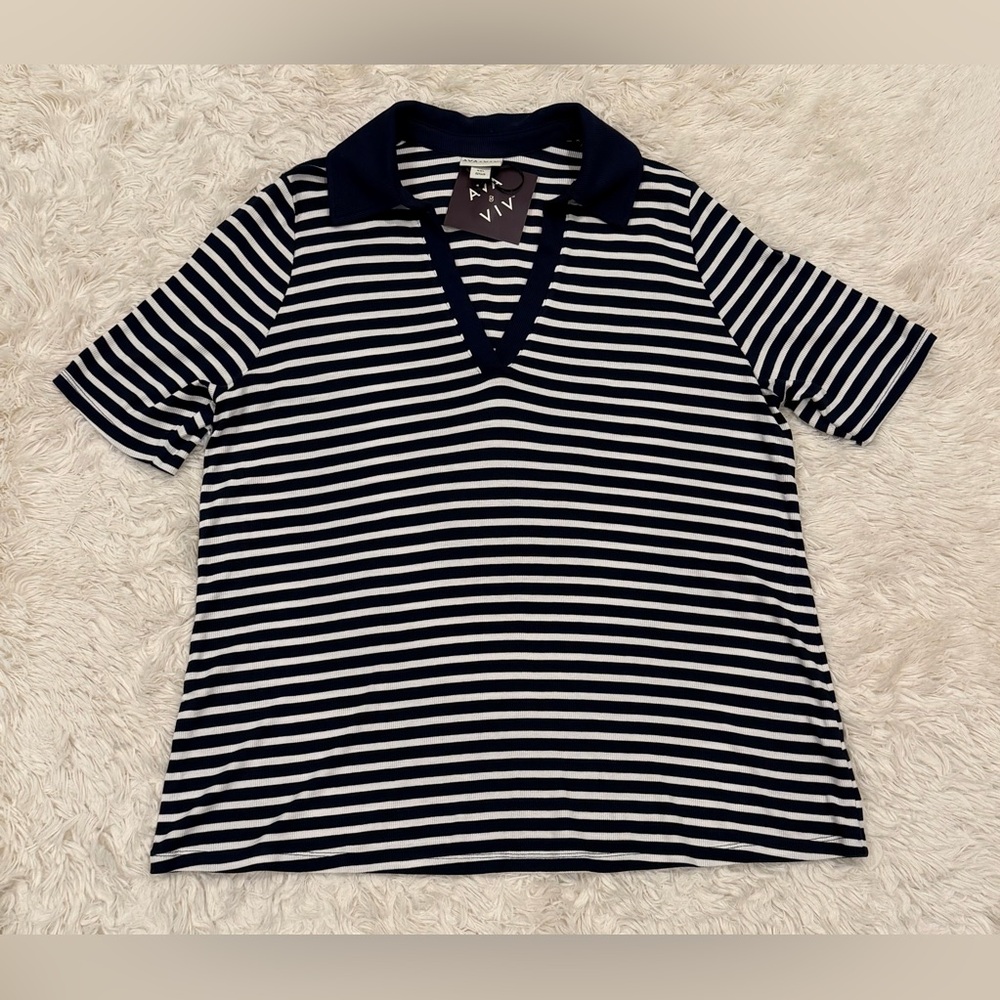 NEW Ava & Viv Striped V-Neck Polo Shirt Ribbed Top Plus Size XXL Navy Stripe - Picture 2 of 5